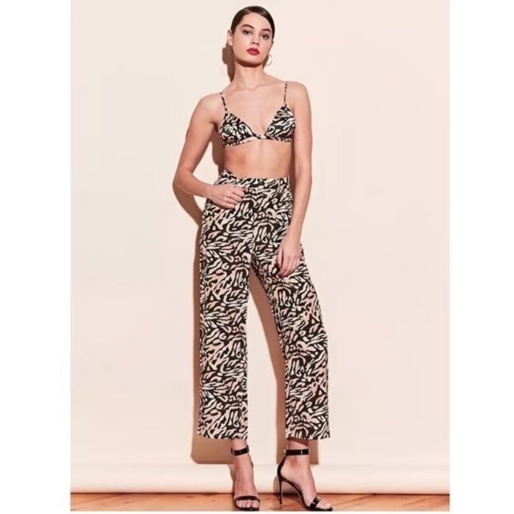 Fleur du Mal Tan Black 100% Silk Animal Print Wide Leg Pants, Size 4